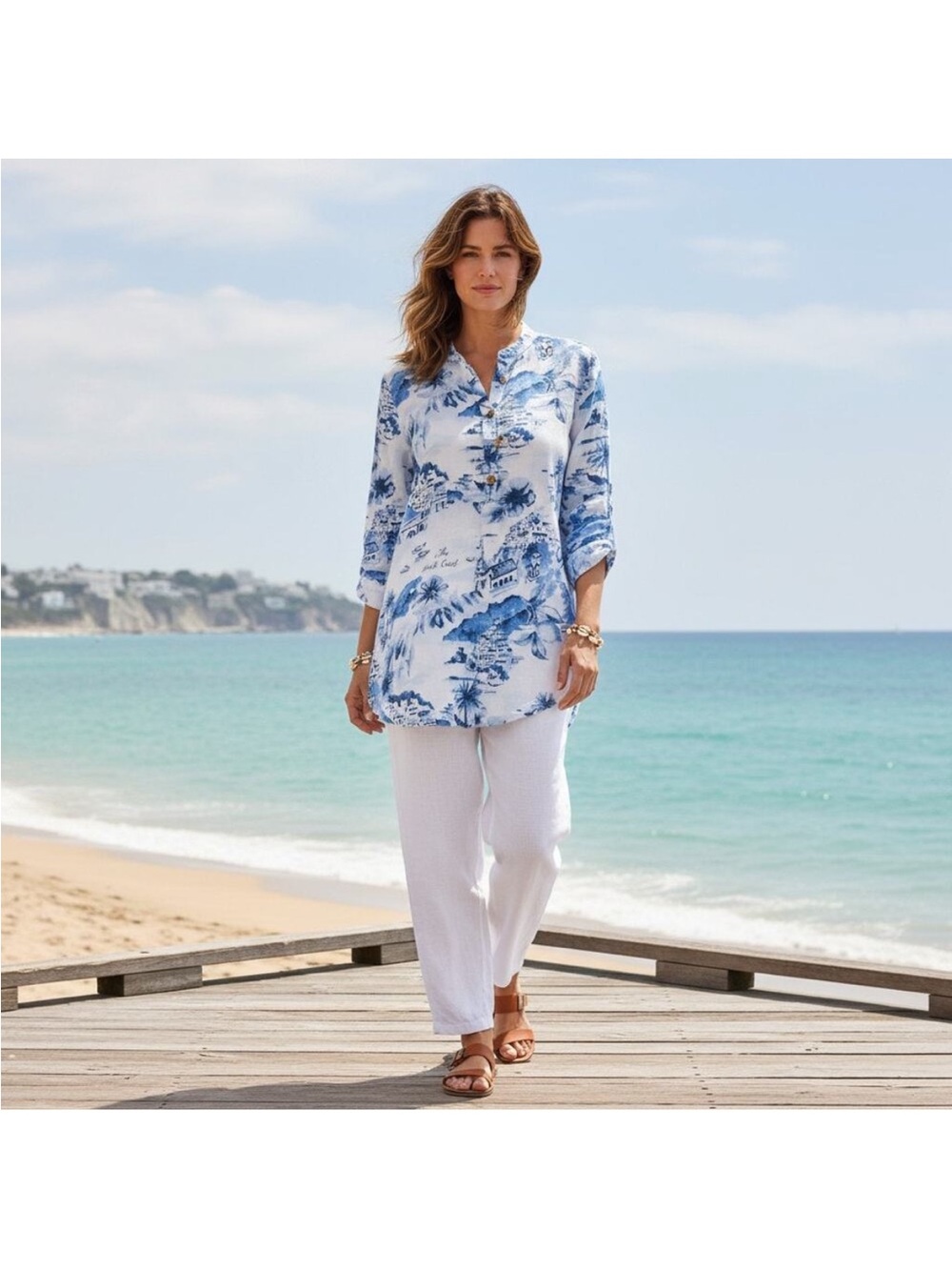 Cynthia Rowley 100% Linen Top Popover Floral Blue White Beachy Coastal 2X 
22/24